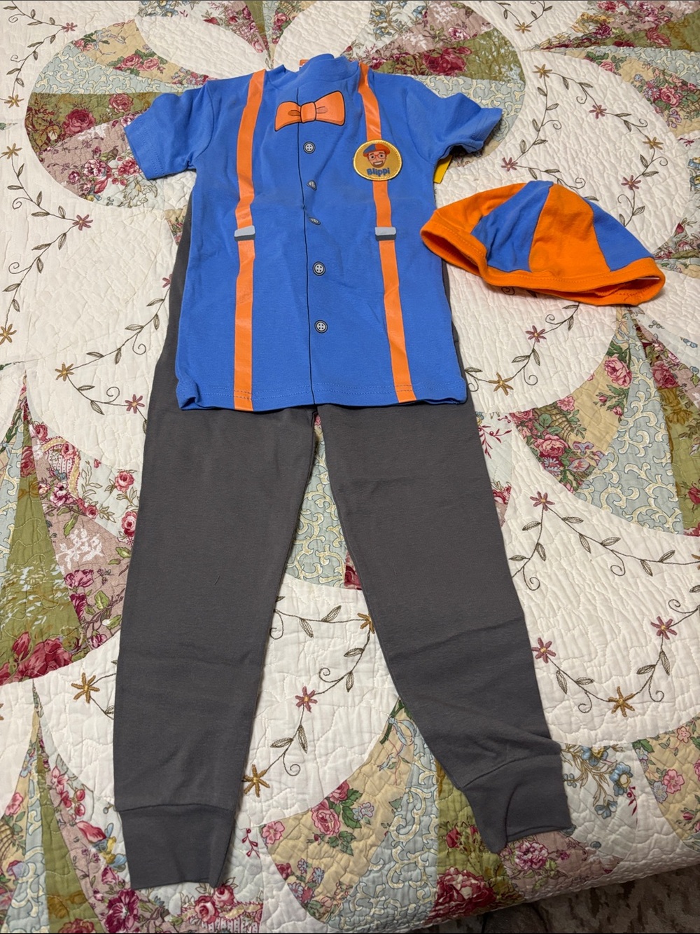 Kids Blippi outfit 3 piece set - Blue and Orange Shirt with Gray Pants and Hat